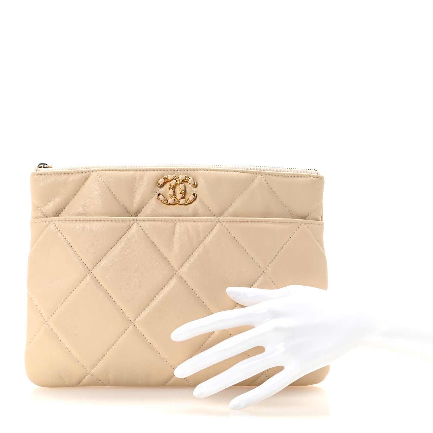 Shiny Goatskin Quilted Chanel 19 Pouch Beige