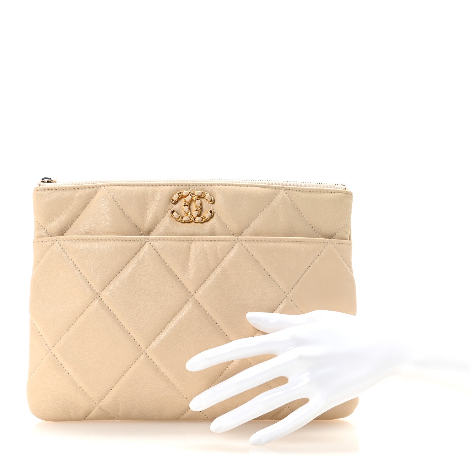 Chanel Shiny Goatskin Quilted Chanel 19 Pouch Beige 2 of 7