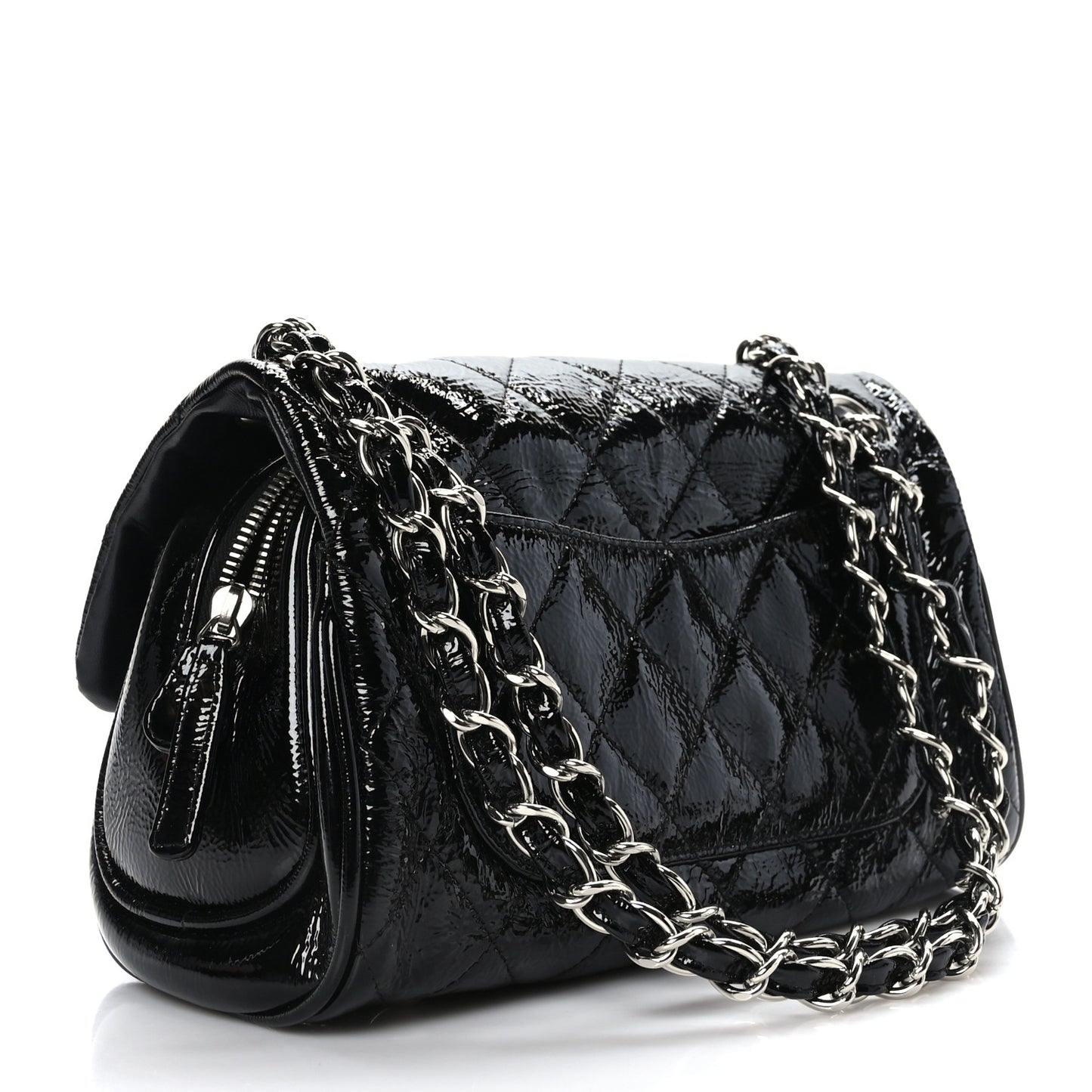 Distressed Patent Quilted Single Flap Bag Black