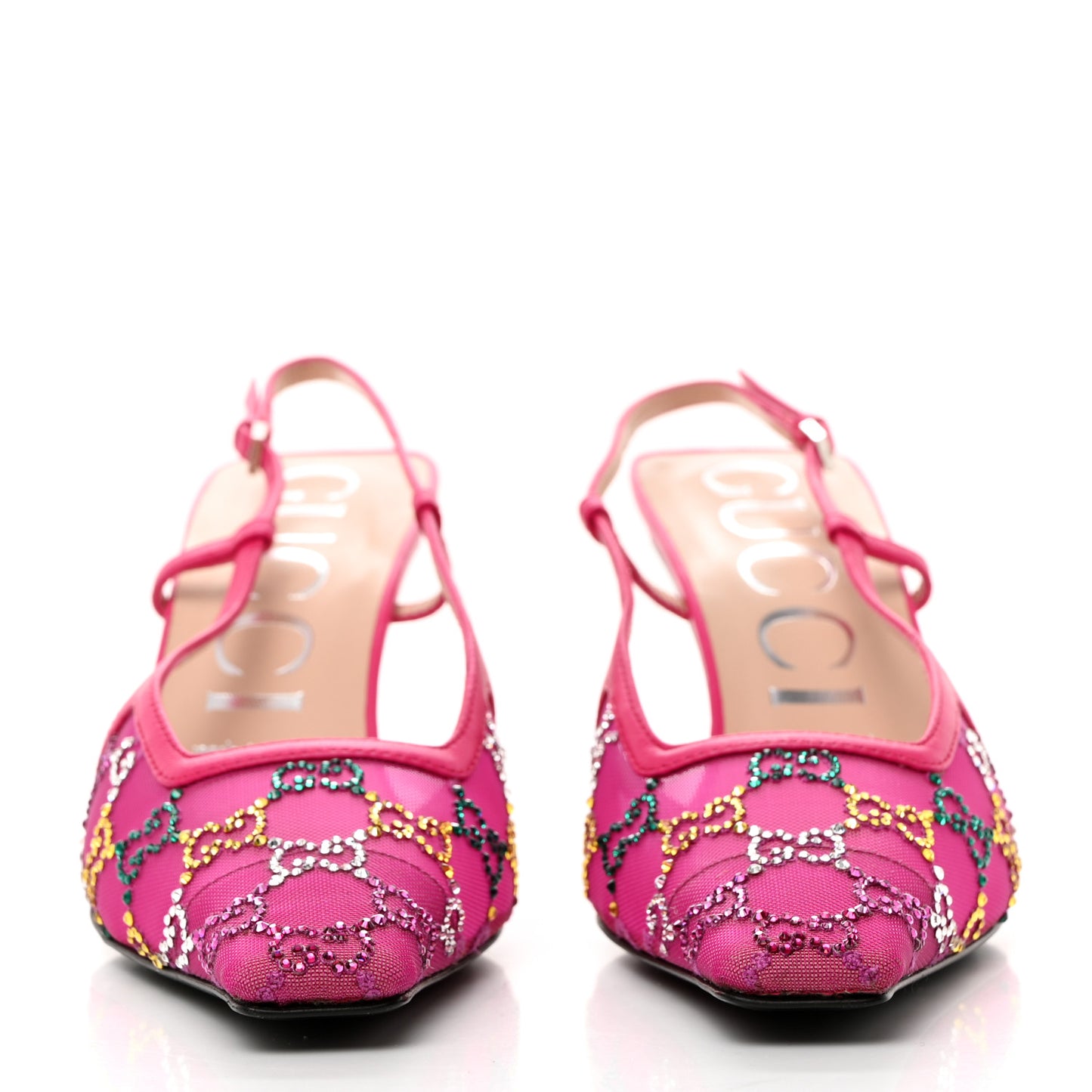 Tela Retino Nappa Charlotte Crystal GG Monogram Square G 75mm Slingback Pumps 38.5 Bright Bouganville Fairy Fucsia