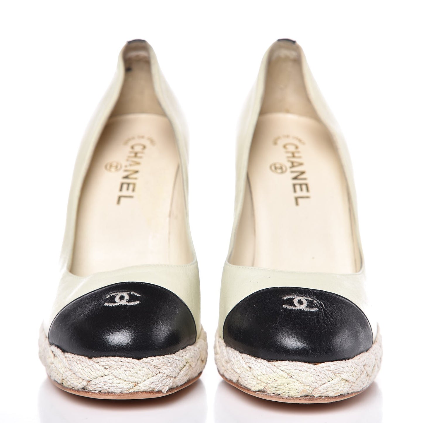 Lambskin Cap Toe Espadrille Wedge Pumps 40 Beige Black