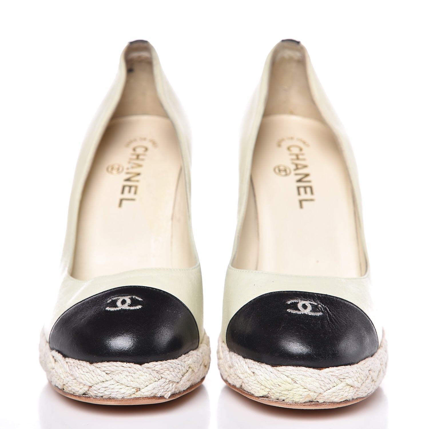 Chanel Lambskin Cap Toe Espadrille Wedge Pumps 40 Beige Black 2 of 20