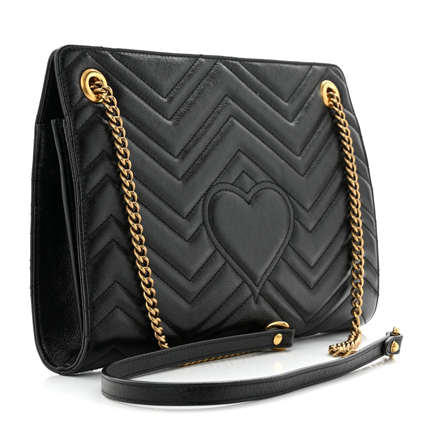 Gucci Azalea Calfskin Matelasse Heart Medium GG Marmont Slim Shoulder Bag Black 3 of 12