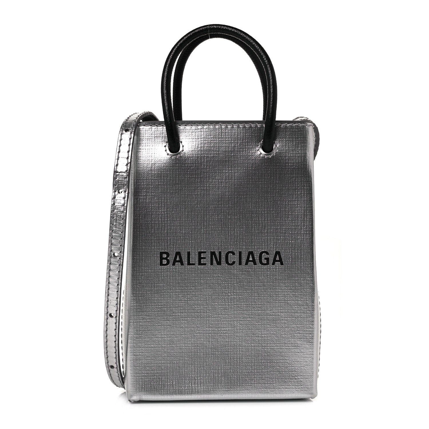 Balenciaga Metallic Textured Calfskin Logo Shopping Phone Holder Bag Silver 1 of 7