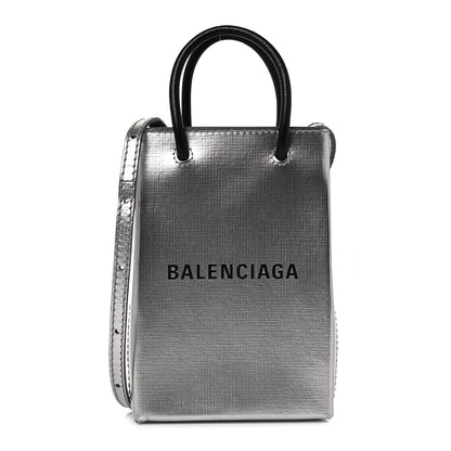 Balenciaga Metallic Textured Calfskin Logo Shopping Phone Holder Bag Silver 1 of 7