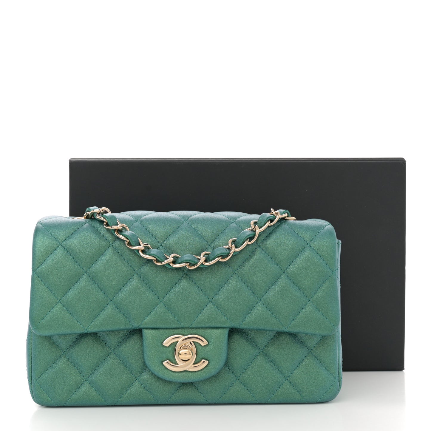Iridescent Calfskin Quilted Mini Rectangular Flap Green