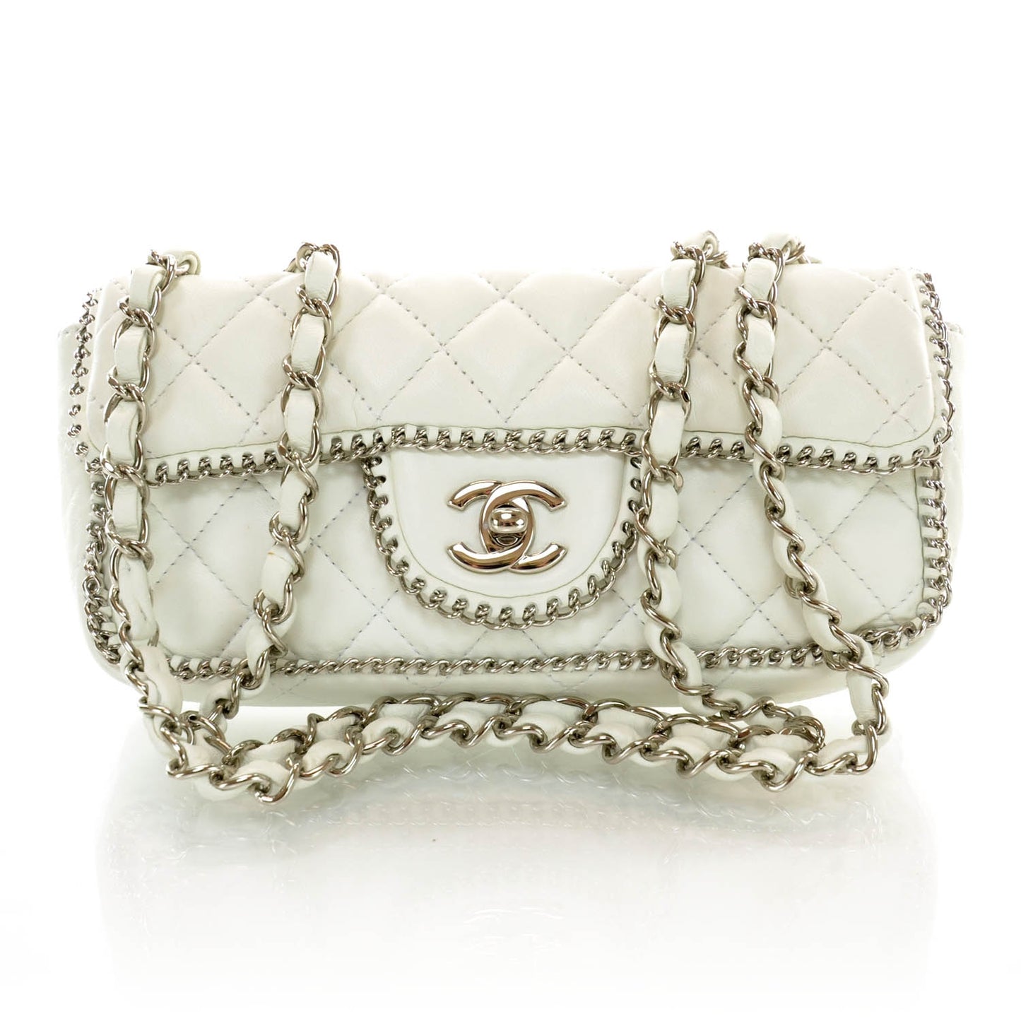 Lambskin Quilted Madison Chain Trim East West Flap White