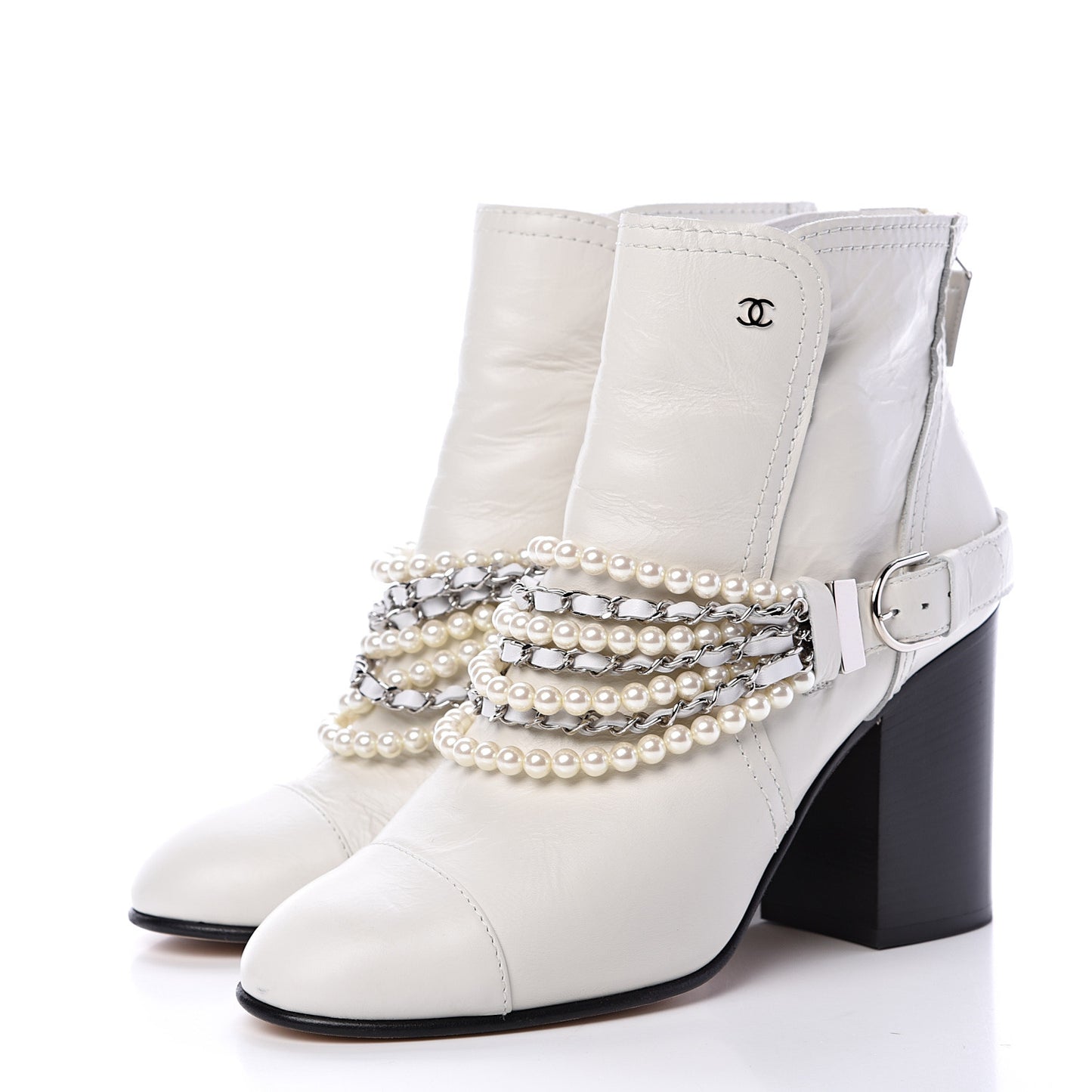 Crackled Calfskin Pearl Chain CC Short Boots 42 White