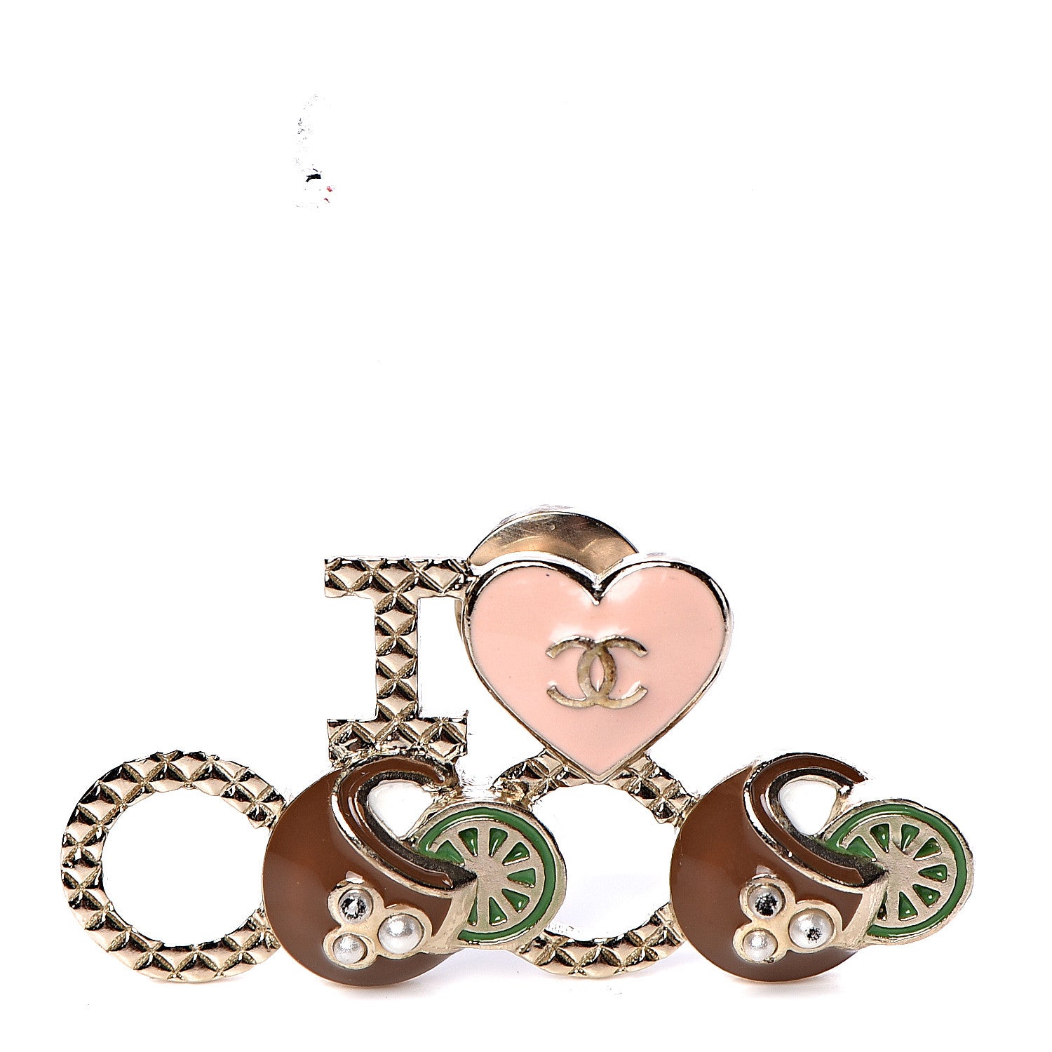 Chanel Metal Resin Pearl I Love Coco Brooch Gold Brown Pink 1 of 5
