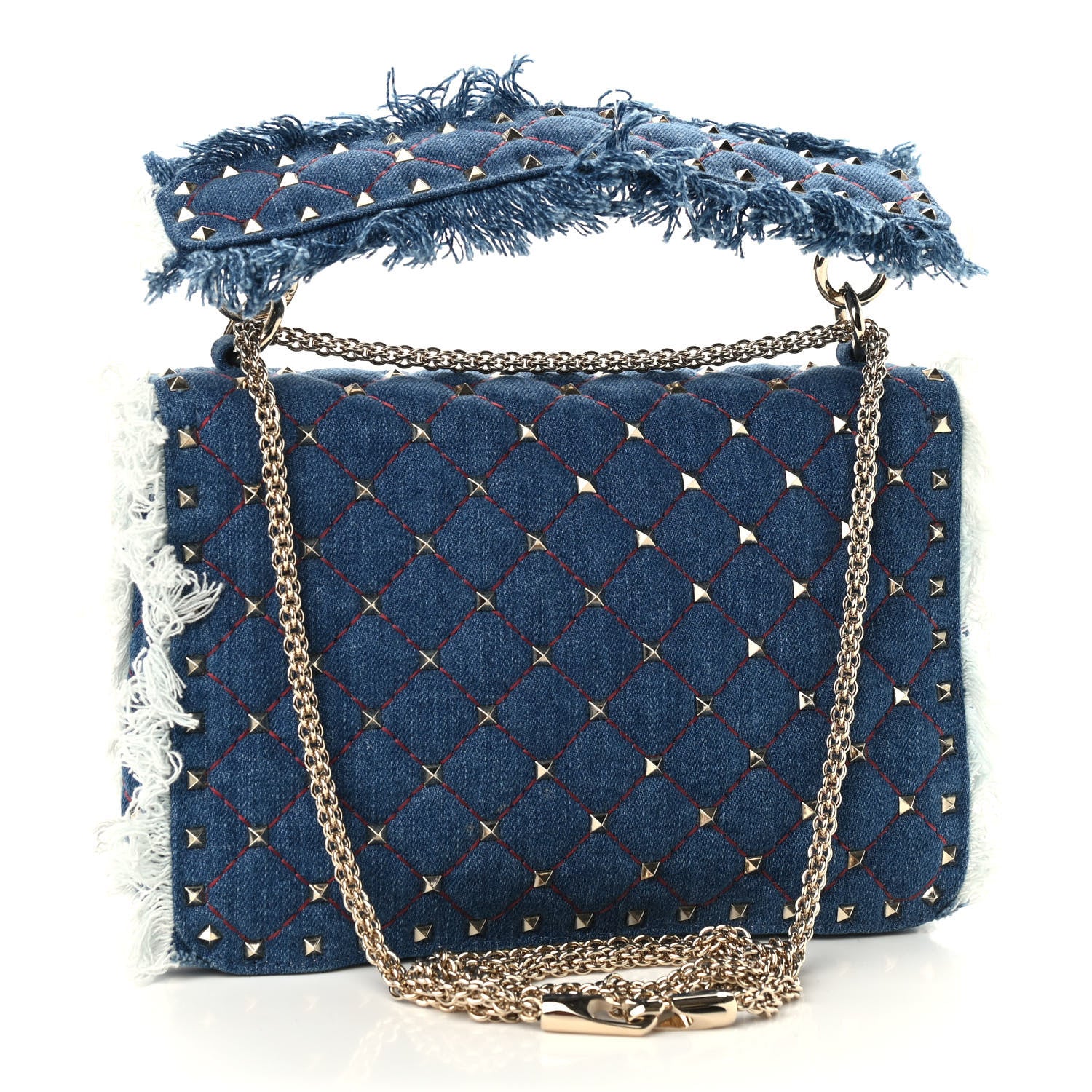 Valentino Garavani Denim Fringe Medium Rockstud Spike Shoulder Bag Blue 3 of 8