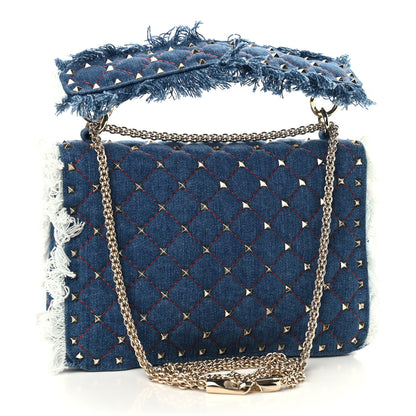 Valentino Garavani Denim Fringe Medium Rockstud Spike Shoulder Bag Blue 3 of 8