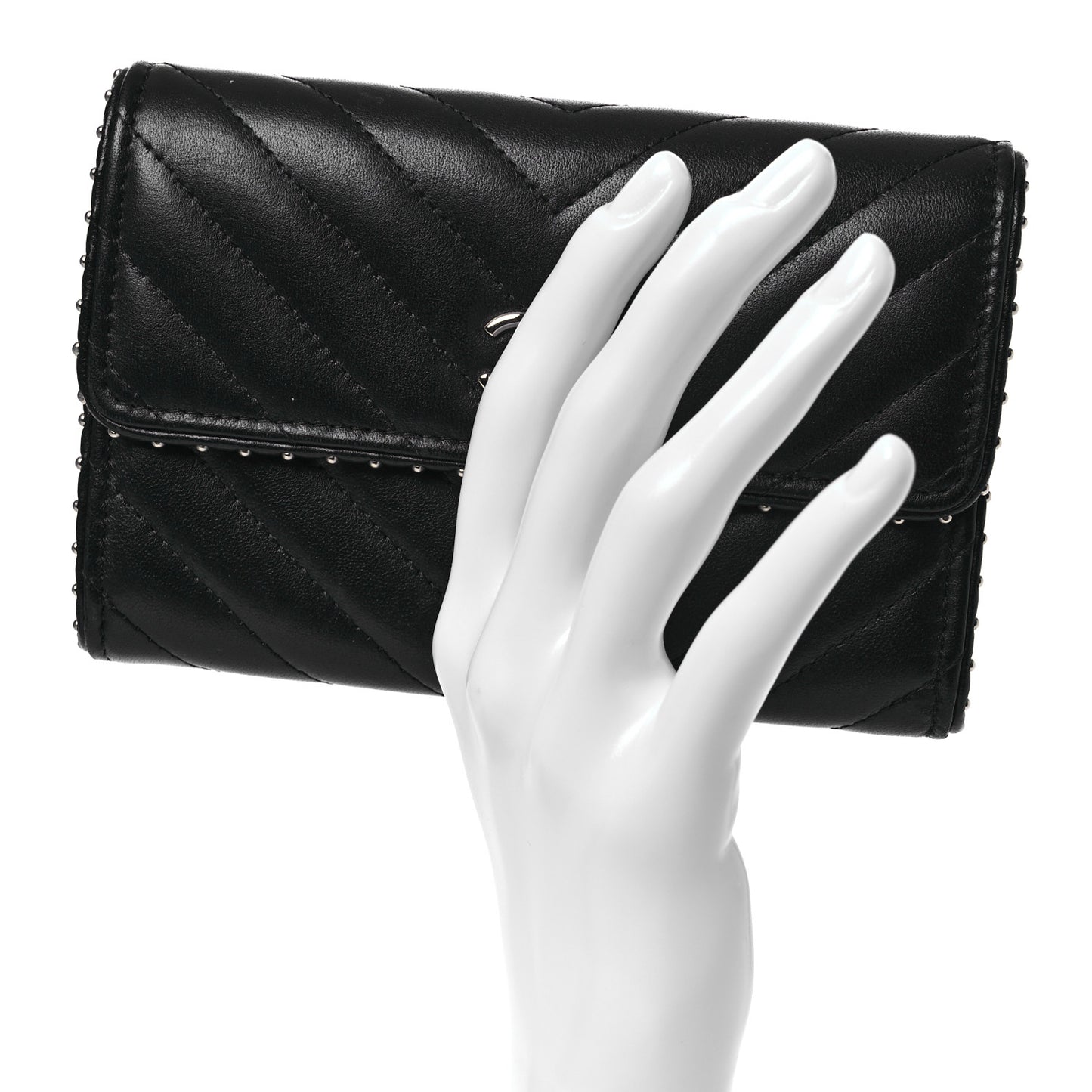 Lambskin Chevron Quilted Studded Small Flap Wallet Black