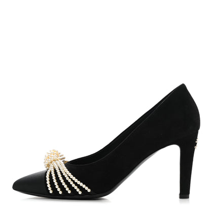 Chanel Suede Pearl Grosgrain Pumps 38 Black 1 of 10
