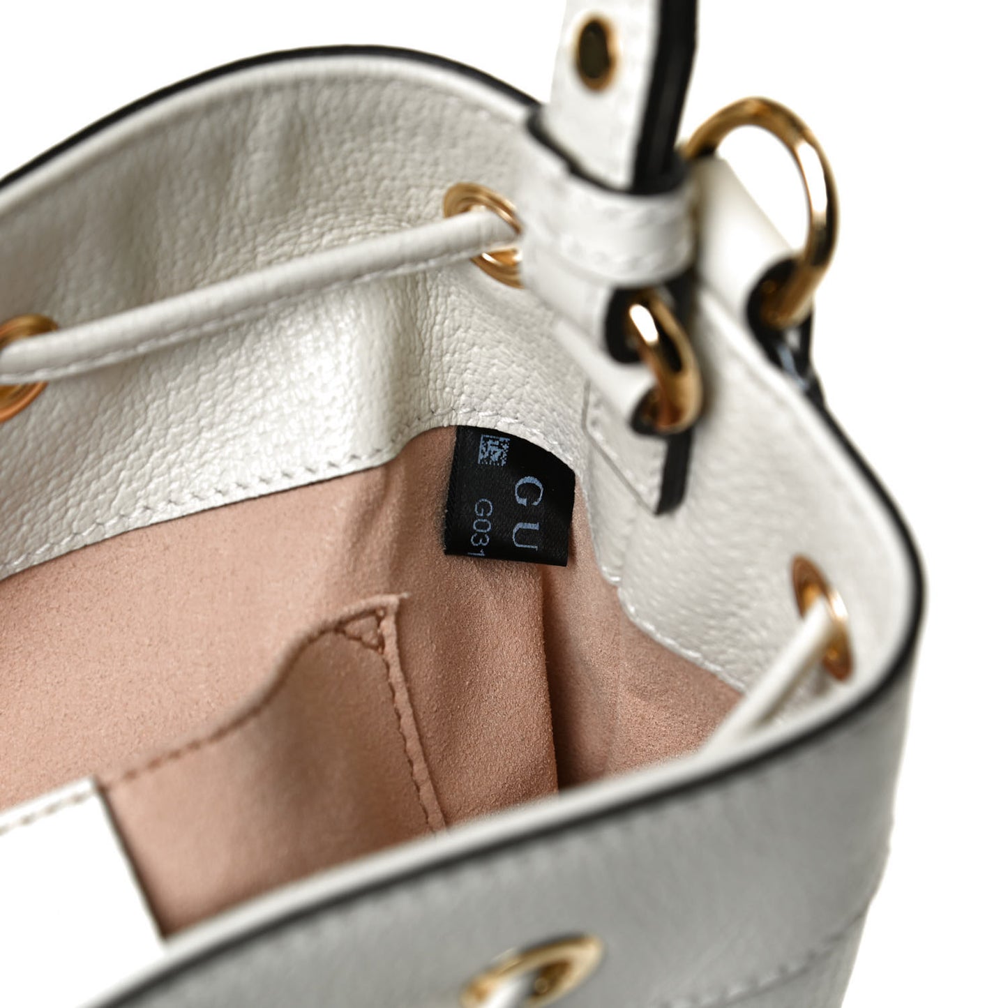 Glazed Textured Calfskin Web Small Ophidia Bucket Bag Mystic White