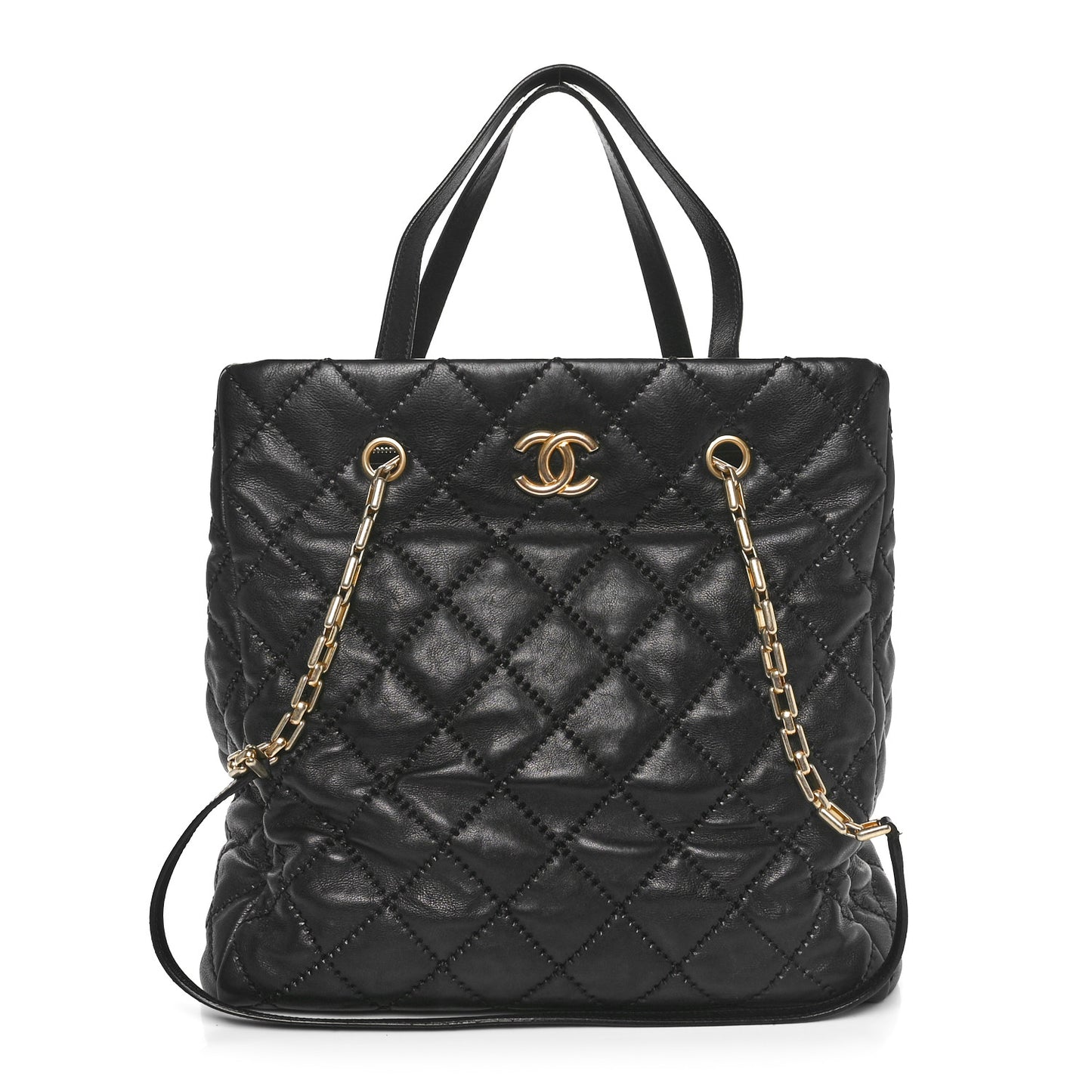 Calfskin Quilted Large Retro Chain Tote Black