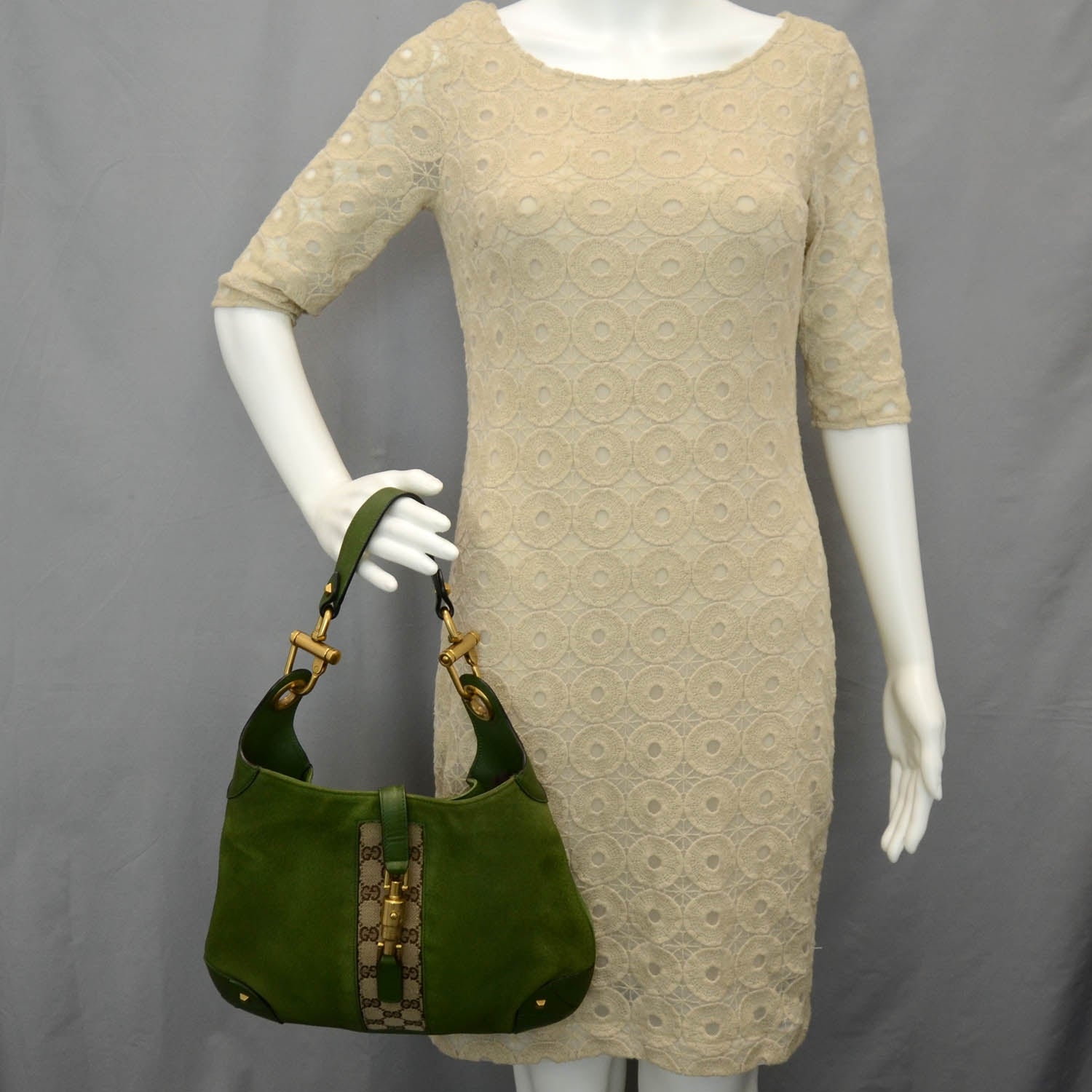 Gucci Suede Monogram Web Piston Lock Jackie O Hobo Green 2 of 10
