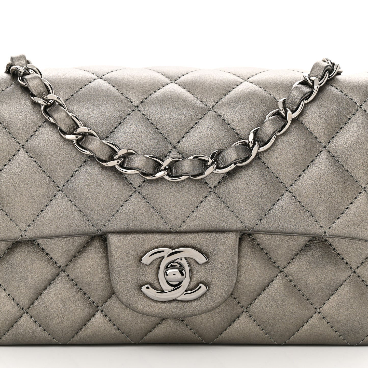 Metallic Lambskin Quilted Mini Rectangular Flap Dark Grey