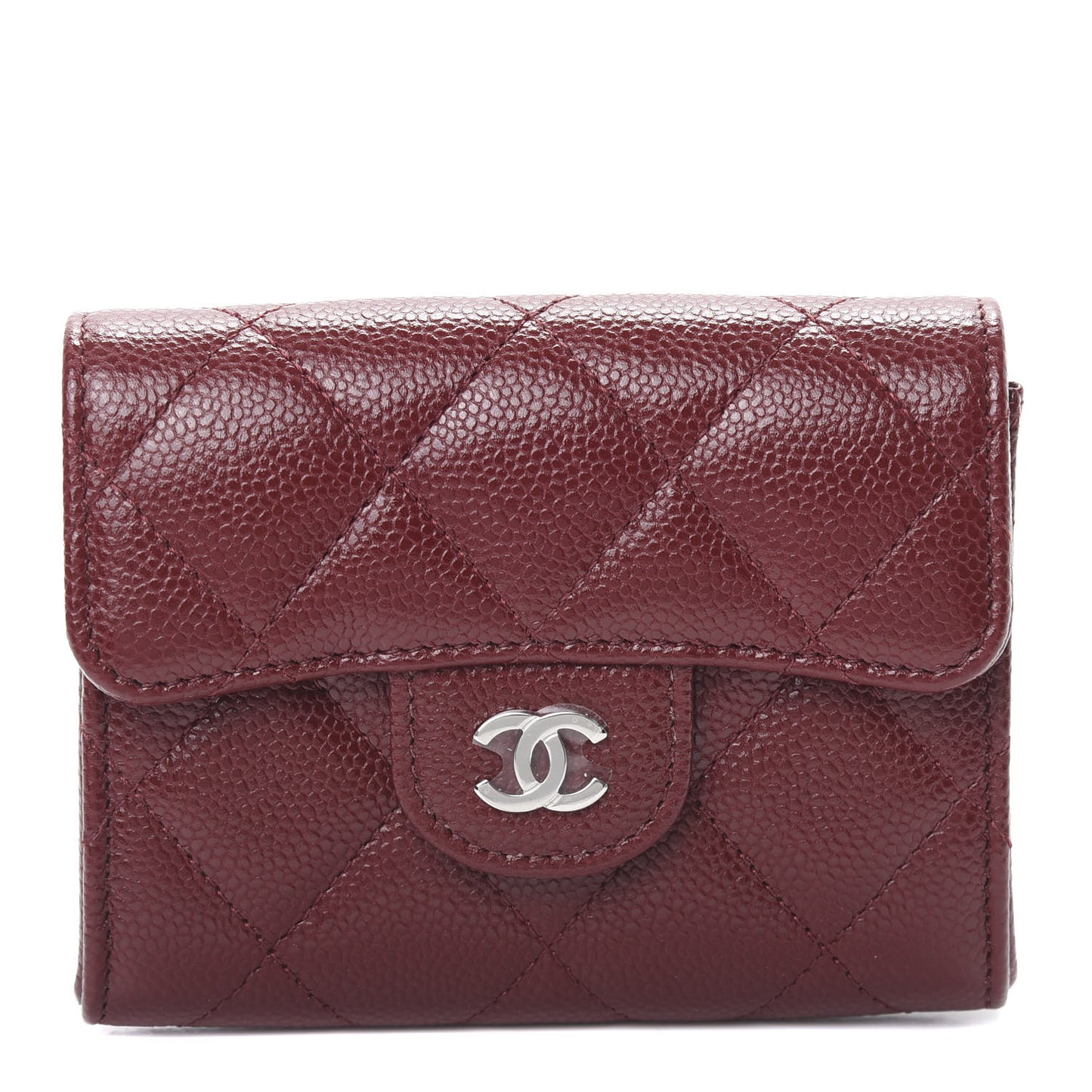 Caviar Quilted Flap Card Holder Wallet Burgundy