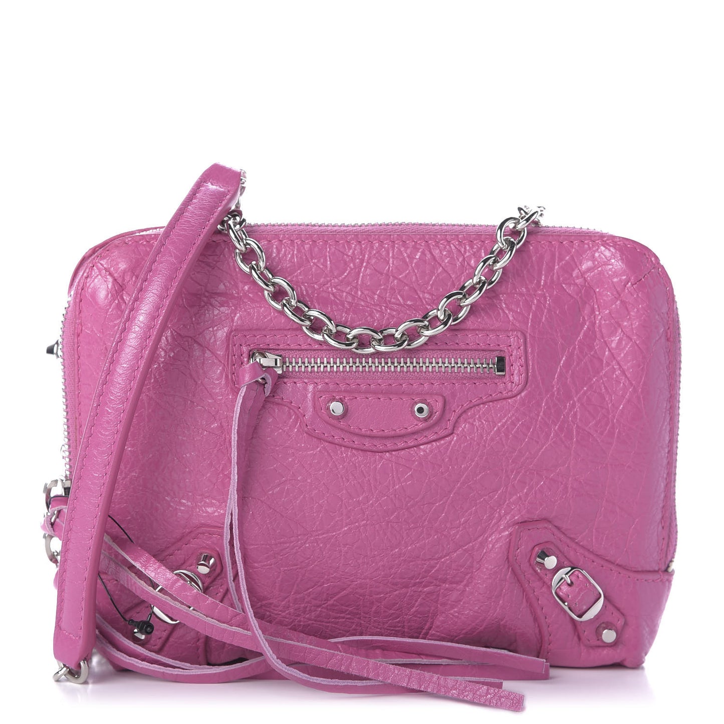 Agneau Arena Classic Silver Hardware Pouch With A Chain Crossbody Rose Flamingo