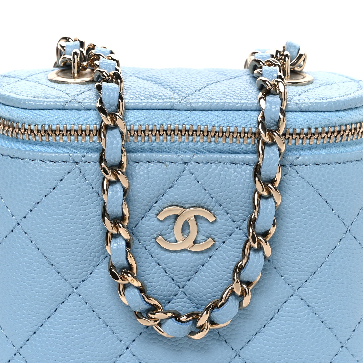 Caviar Quilted Small Vertical Coco Beauty Vanity Case With Chain Blue