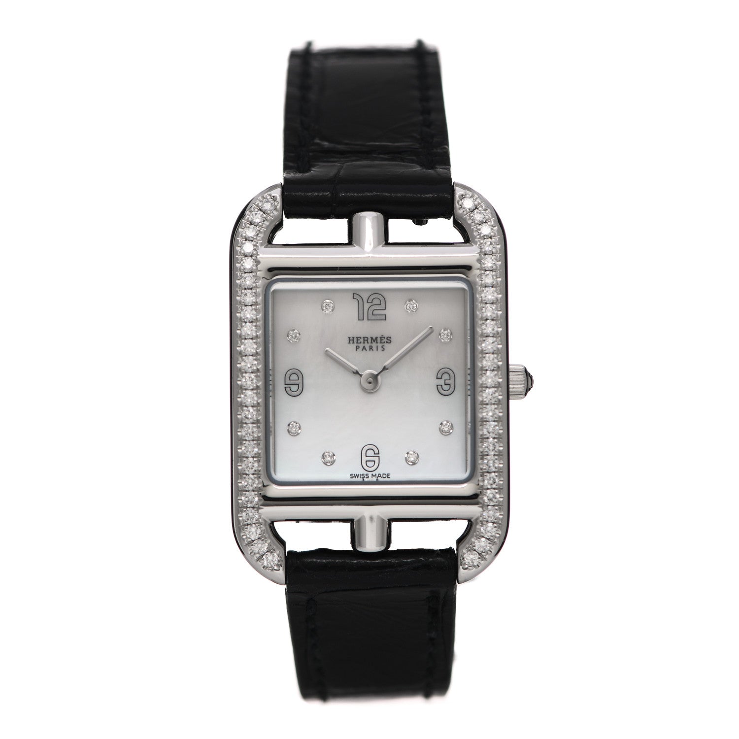 Hermes Stainless Steel Alligator Diamond Bezel Mother of Pearl 23mm Cape Cod Quartz Watch Noir 1 of 5