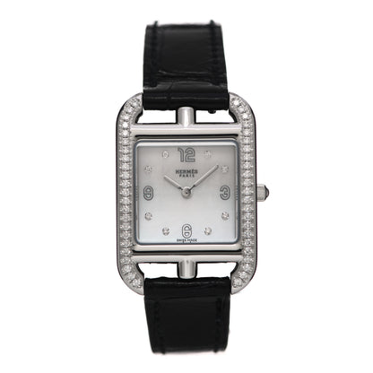 Hermes Stainless Steel Alligator Diamond Bezel Mother of Pearl 23mm Cape Cod Quartz Watch Noir 1 of 5