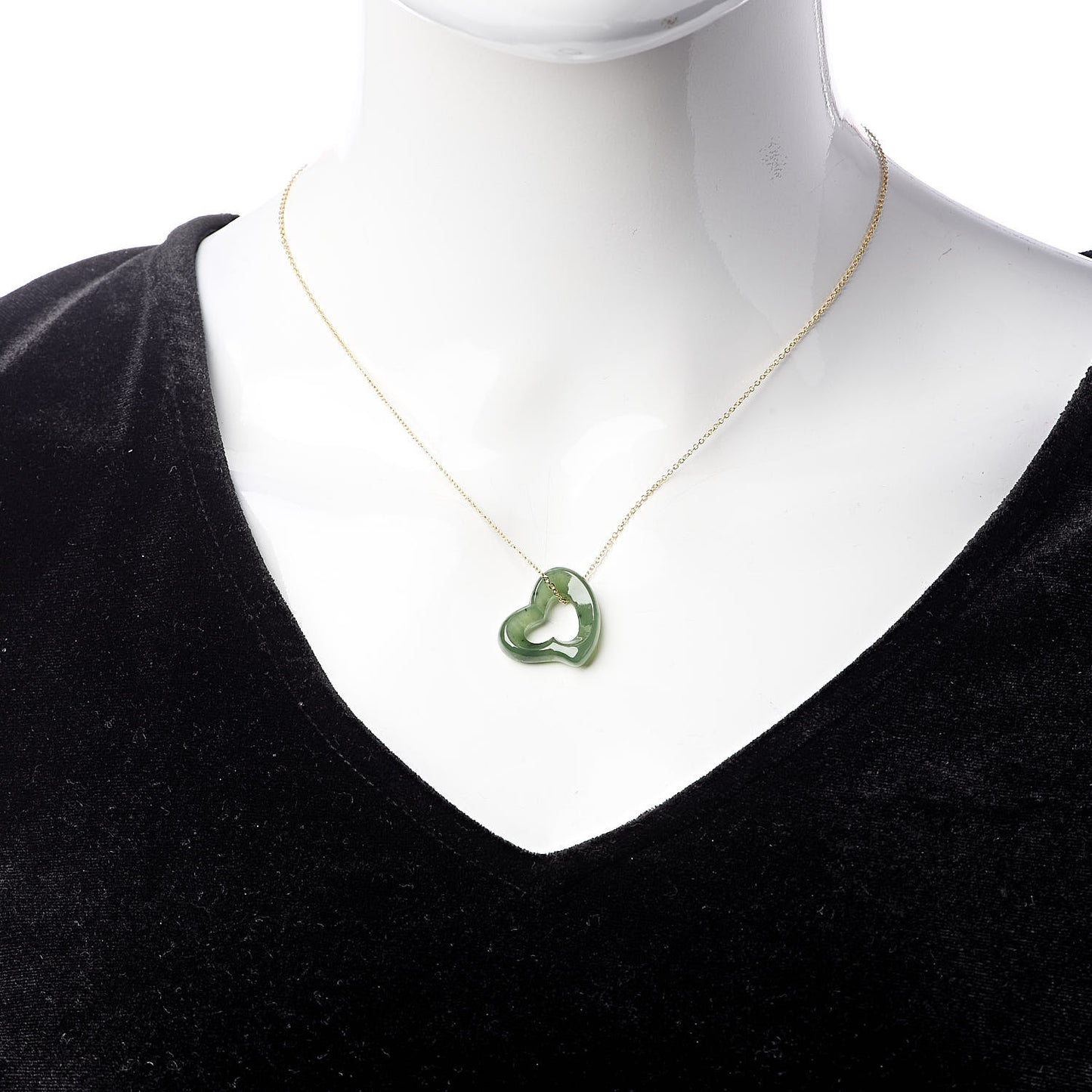 18K Yellow Gold Jade 23mm Elsa Peretti Open Heart Pendant Necklace