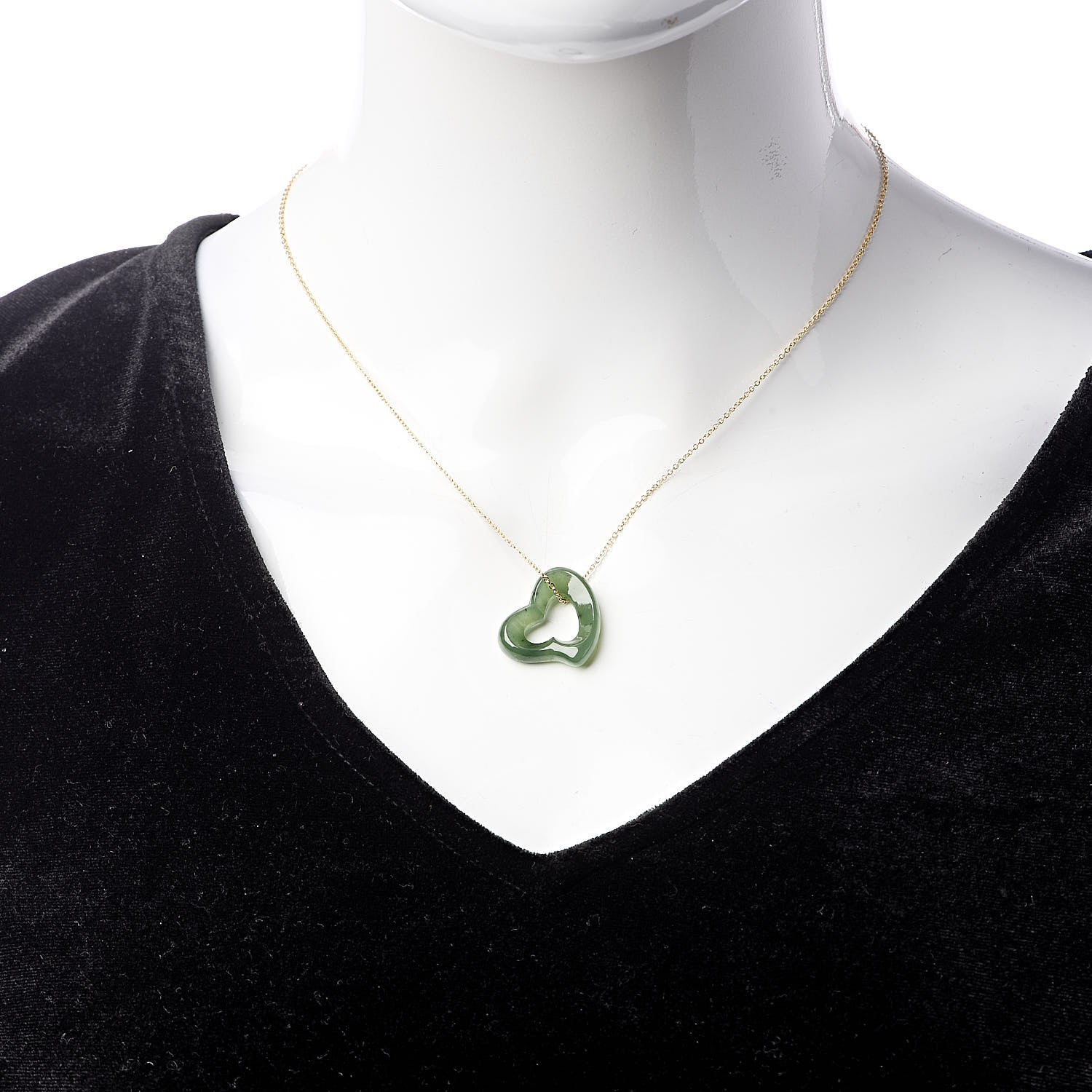Tiffany 18K Yellow Gold Jade 23mm Elsa Peretti Open Heart Pendant Necklace 2 of 8