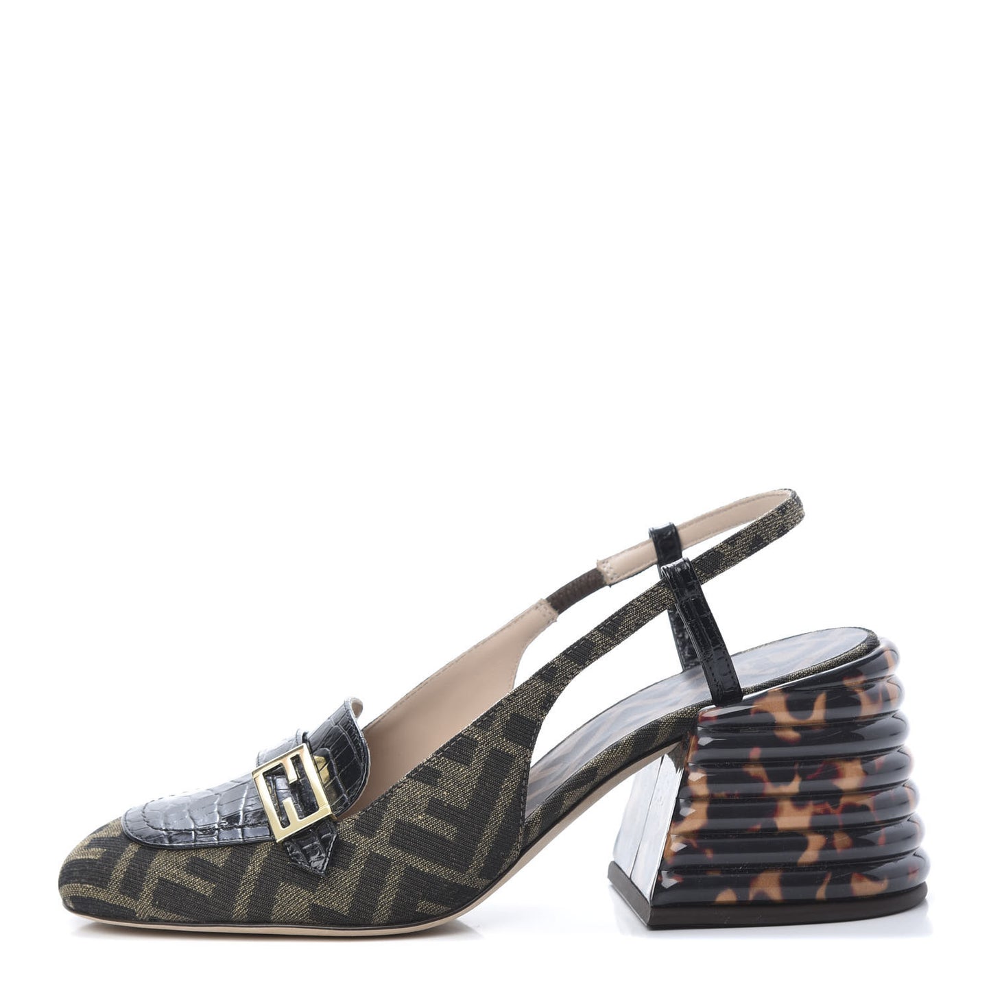 Jacquard Calfskin FF Tortoise Promenade Slingback Loafer Pumps 38.5 Tobacco