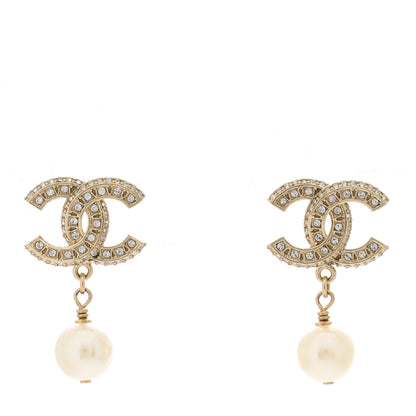 Chanel Crystal Pearl CC Drop Earrings Gold 1 of 5