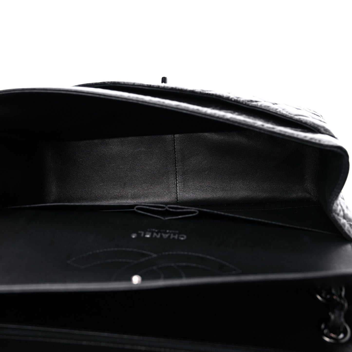 Shiny Distressed Calfskin Quilted Jumbo Double Flap So Black