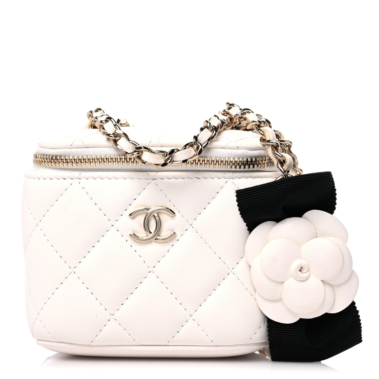 Lambskin Quilted Mini Camellia Bow Vanity Case With Chain White