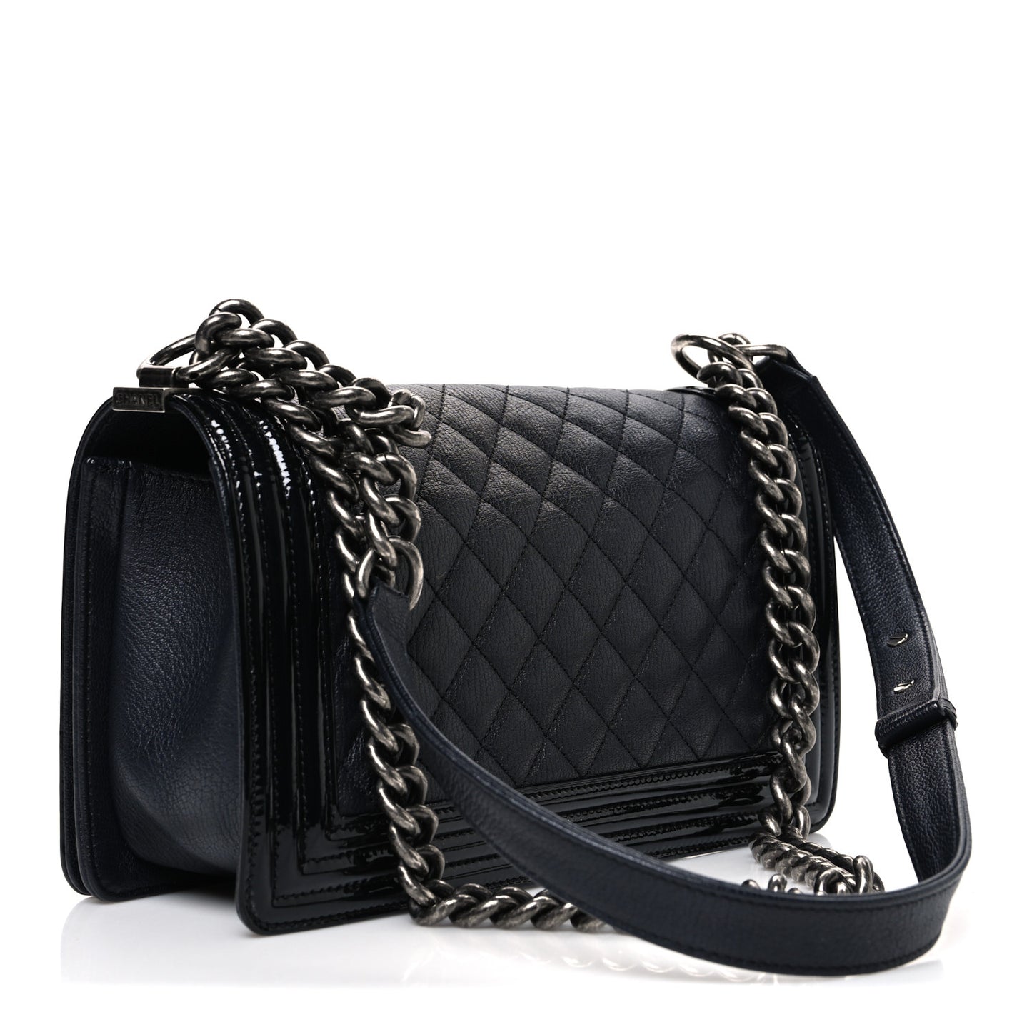 Goatskin Quilted Patent Medium Duo Boy Flap Black