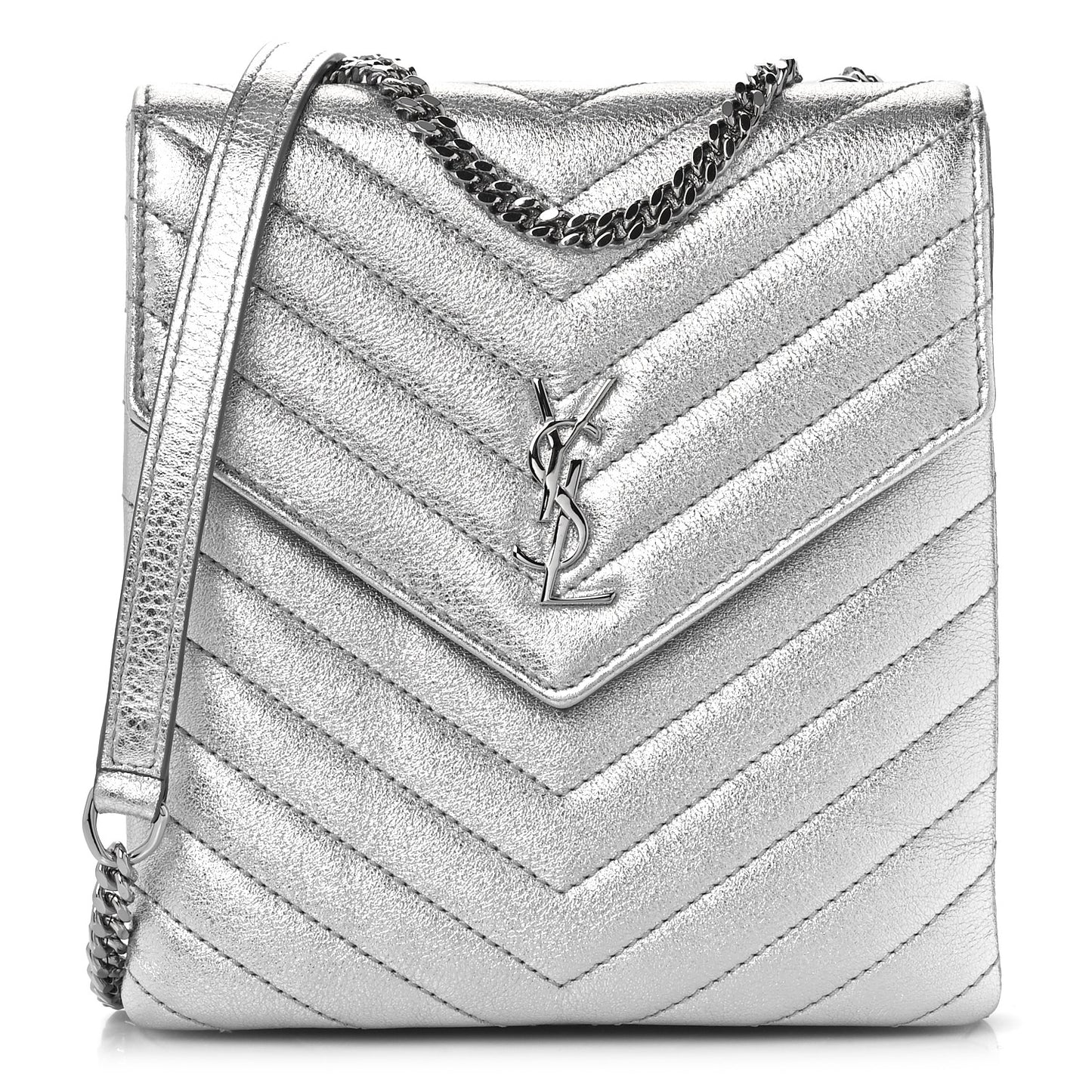 Metallic Lambskin Quilted Double Flap Bag Silver