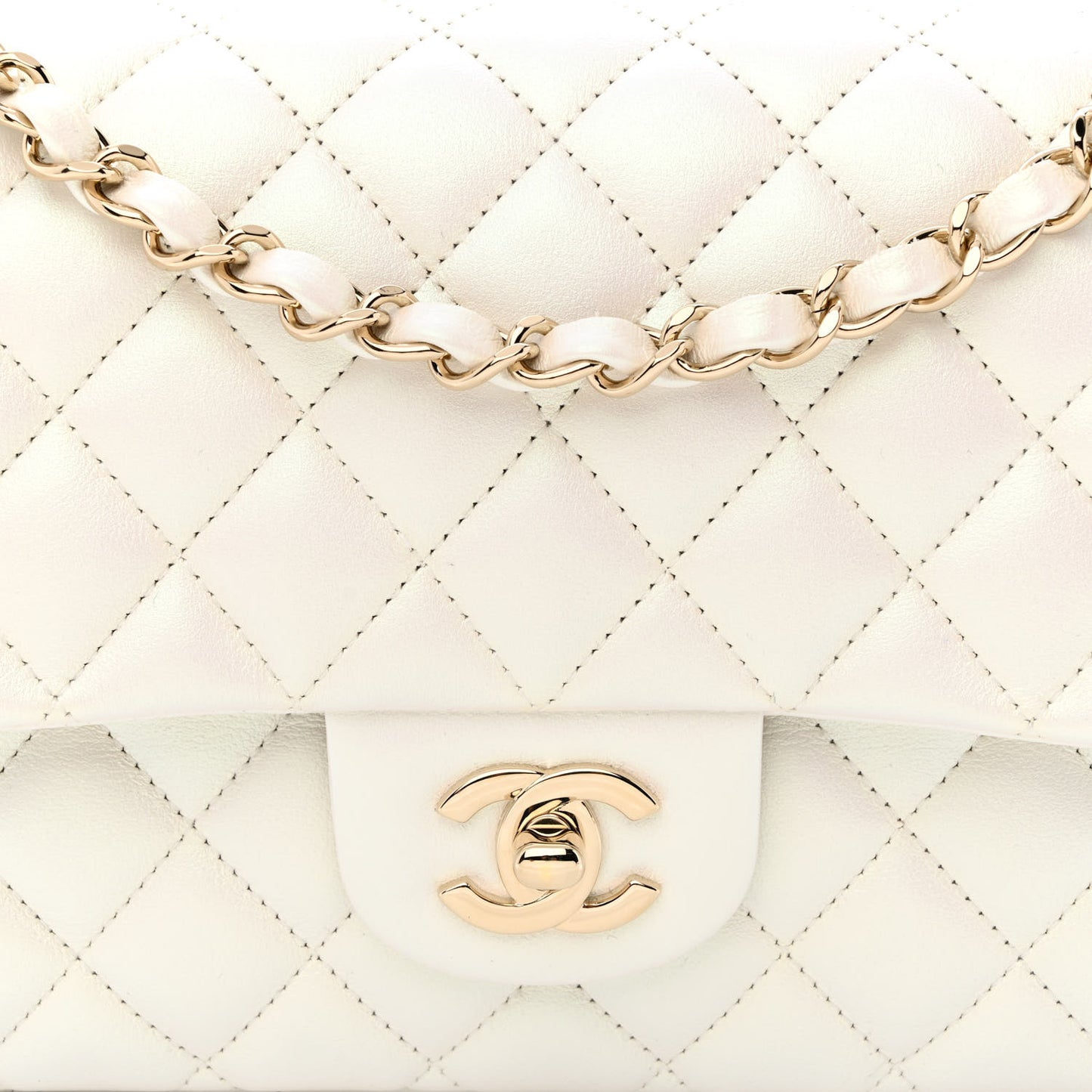 Iridescent Calfskin Quilted Medium Double Flap White