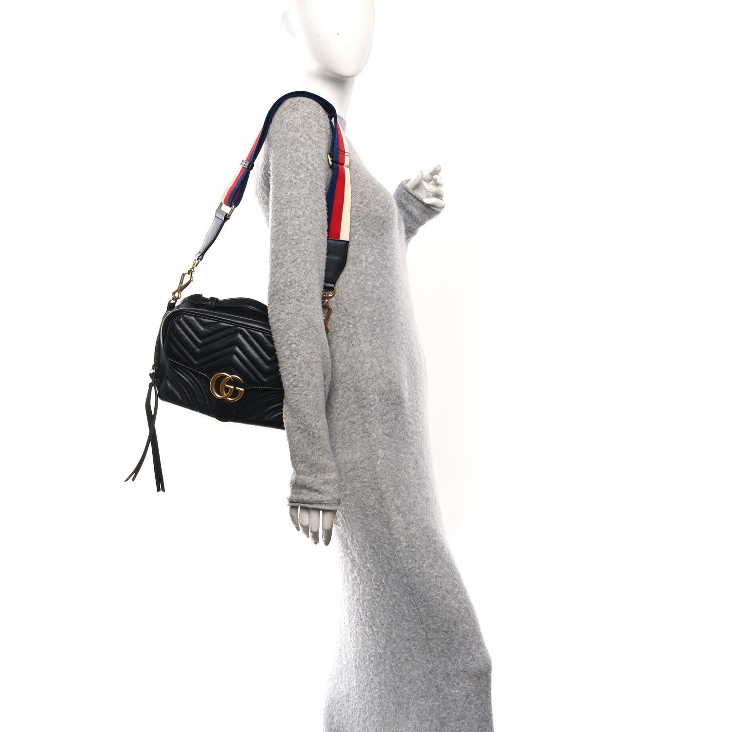 Gucci Calfskin Matelasse Sylvie Web Small GG Marmont Top Handle Shoulder Bag Black 2 of 11
