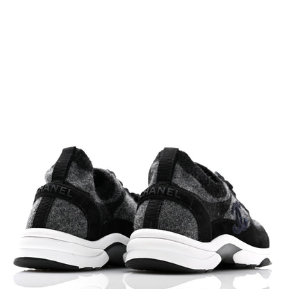 Chanel Knit Fabric Suede Calfskin Womens CC Sneakers 36 Grey Black 4 of 8