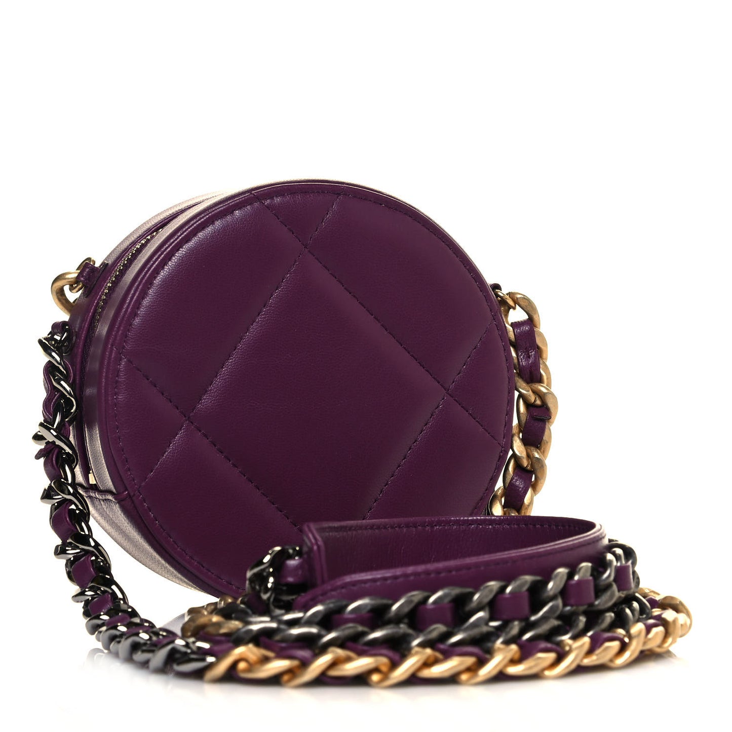 Goatskin Quilted Chanel 19 Round Clutch With Chain Purple