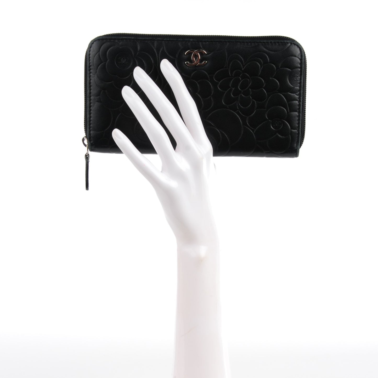 Lambskin Camellia Embossed Large Zip Around Gusset Wallet Black