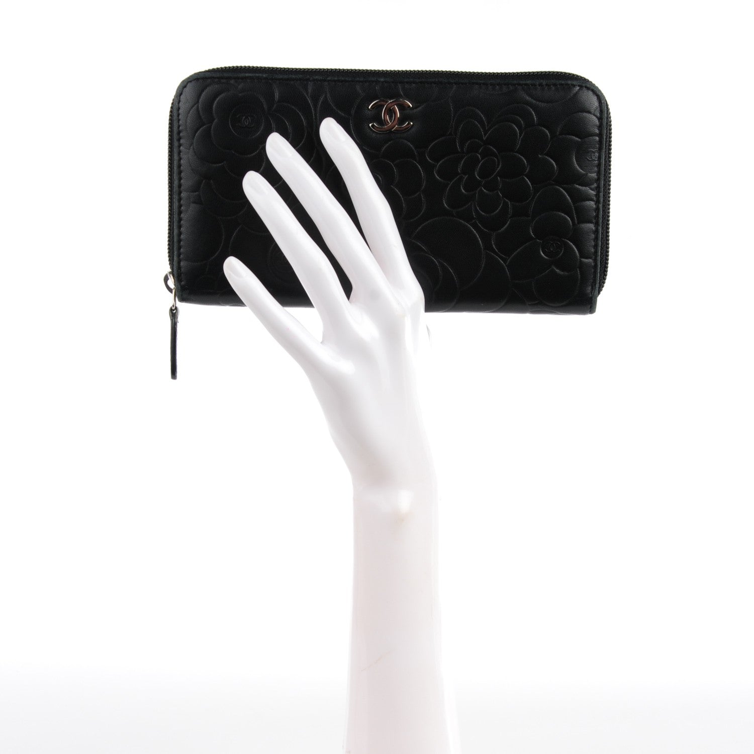 Chanel Lambskin Camellia Embossed Large Zip Around Gusset Wallet Black 2 of 12