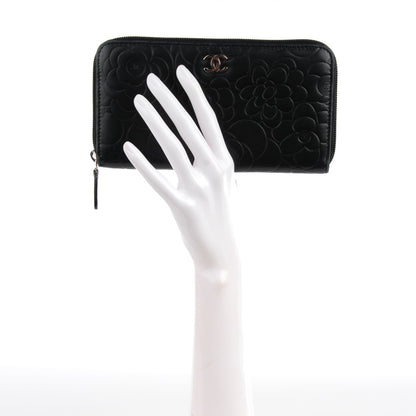 Chanel Lambskin Camellia Embossed Large Zip Around Gusset Wallet Black 2 of 12