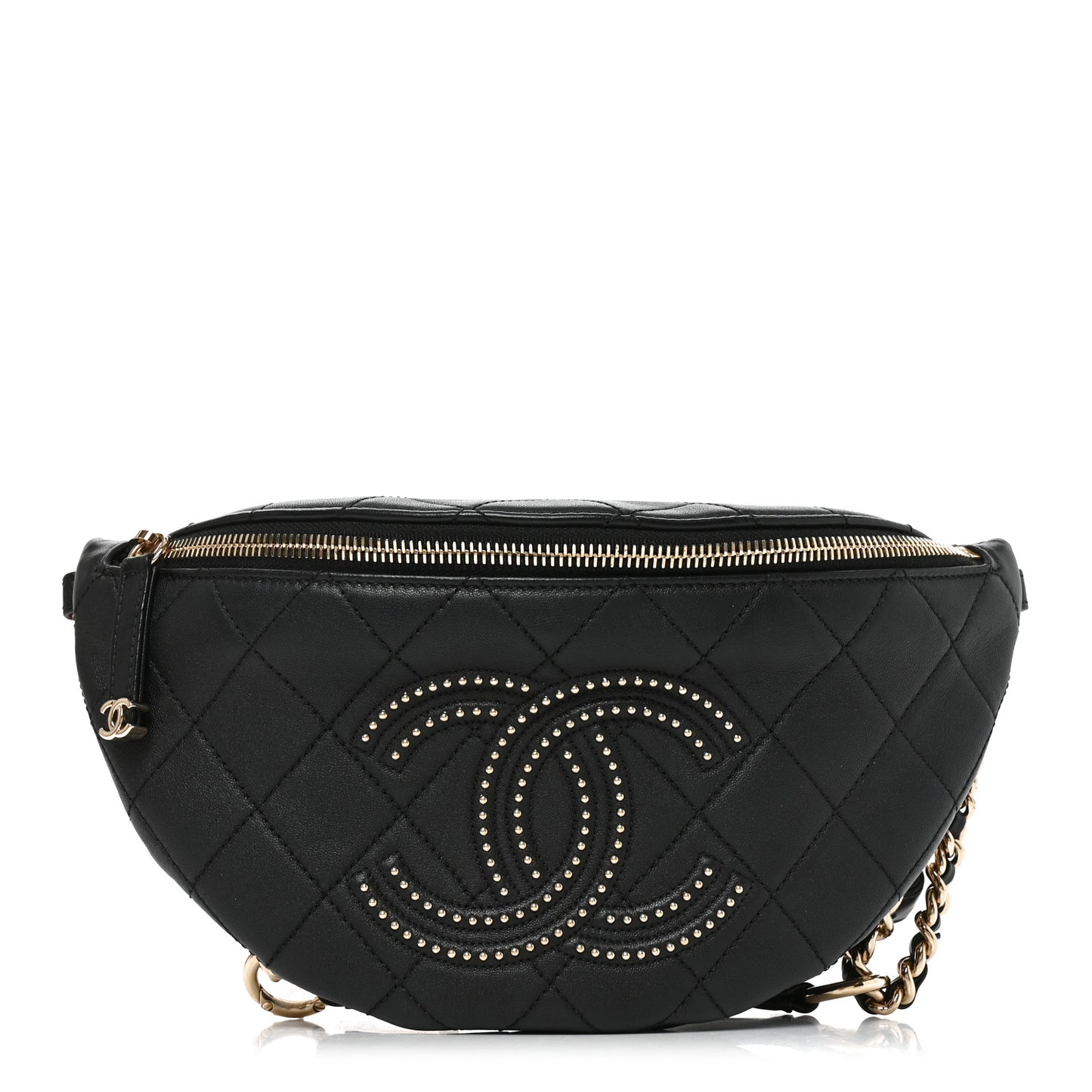 Lambskin Quilted Studded Waist Bag Fanny Pack Black