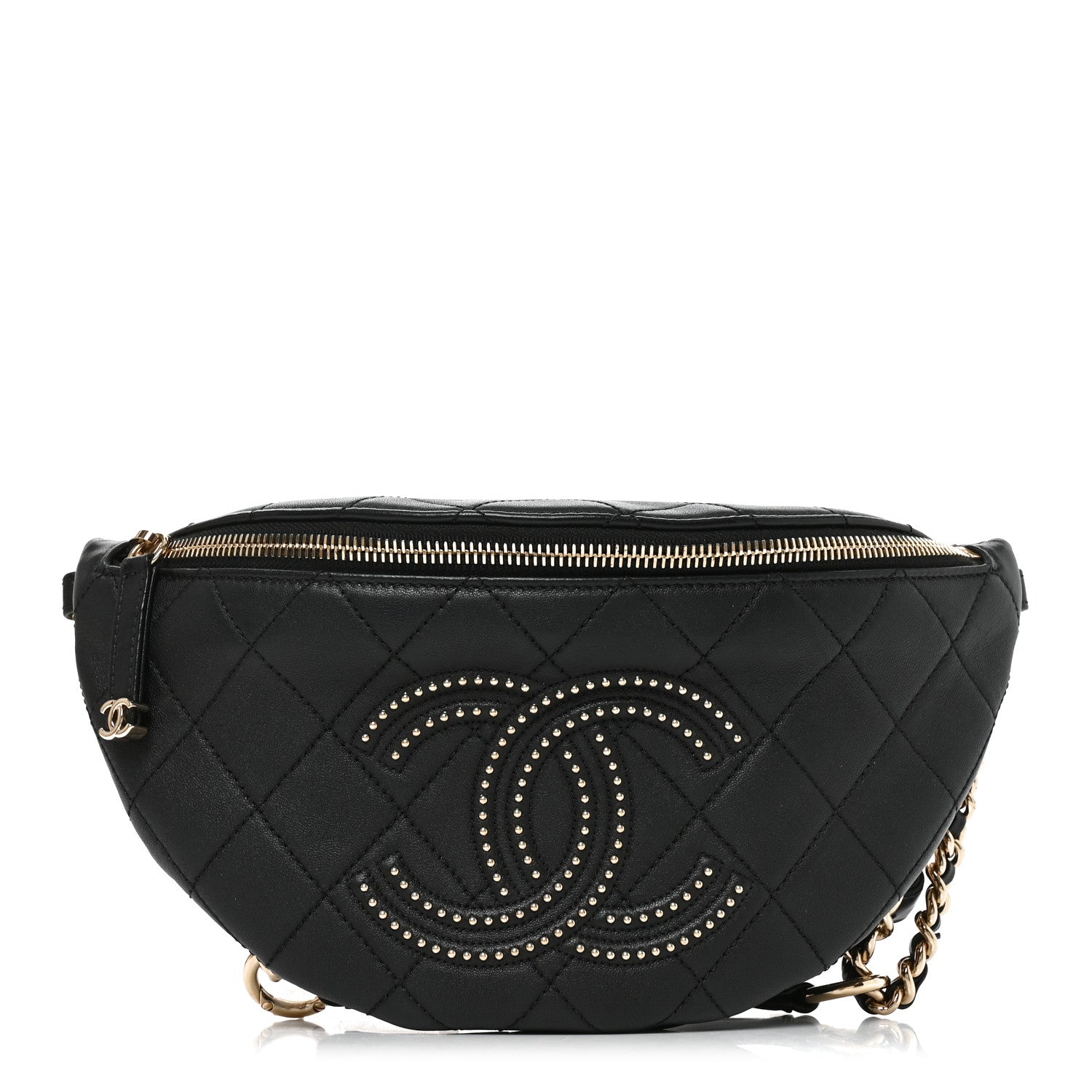 Chanel Lambskin Quilted Studded Waist Bag Fanny Pack Black 1 of 9
