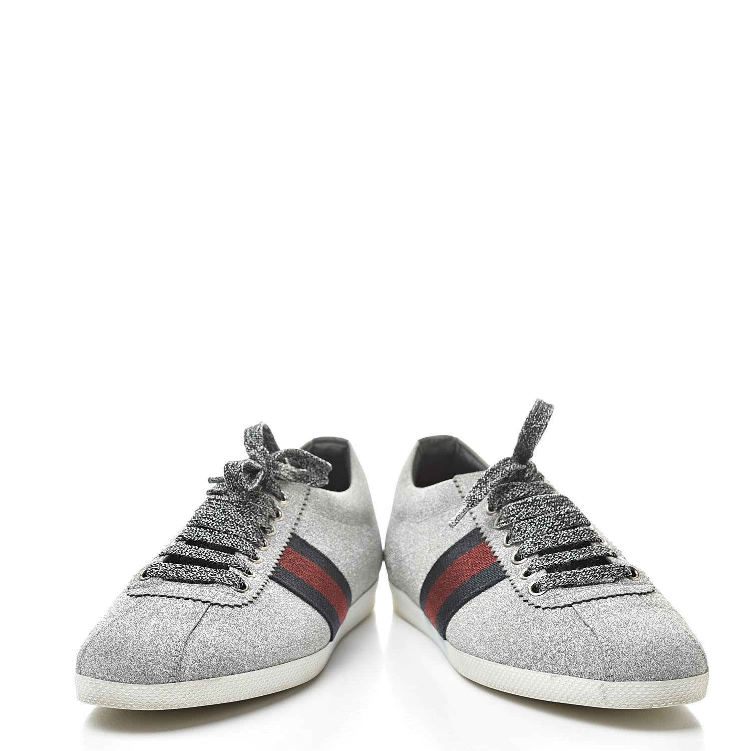 Gucci Glitter Fabric Studded Web Sneakers 38 Silver 6 of 17