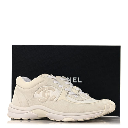 Chanel Suede Calfskin Fabric CC Sneakers 37.5 White 9 of 9