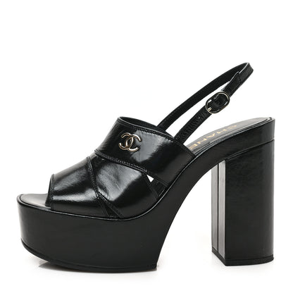 Chanel Crumpled Patent Lambskin Platform Sandals 38.5 Black 1 of 8