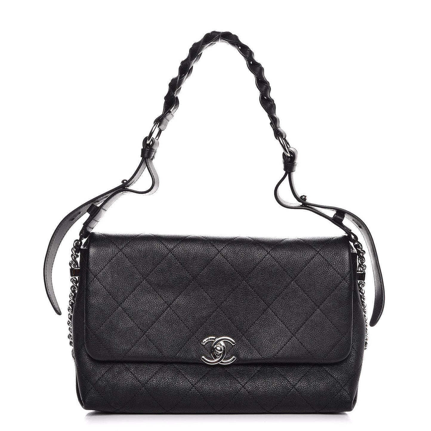 Grained Calfskin Stitched Small Braided With Style Flap Black
