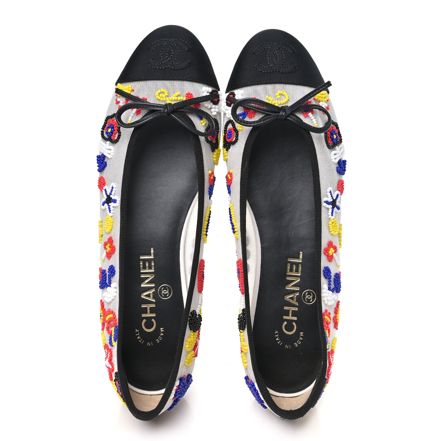 Mesh Pearl Grosgrain Cap Toe CC Coco Beach Ballerina Flats 37.5 Multicolor Black