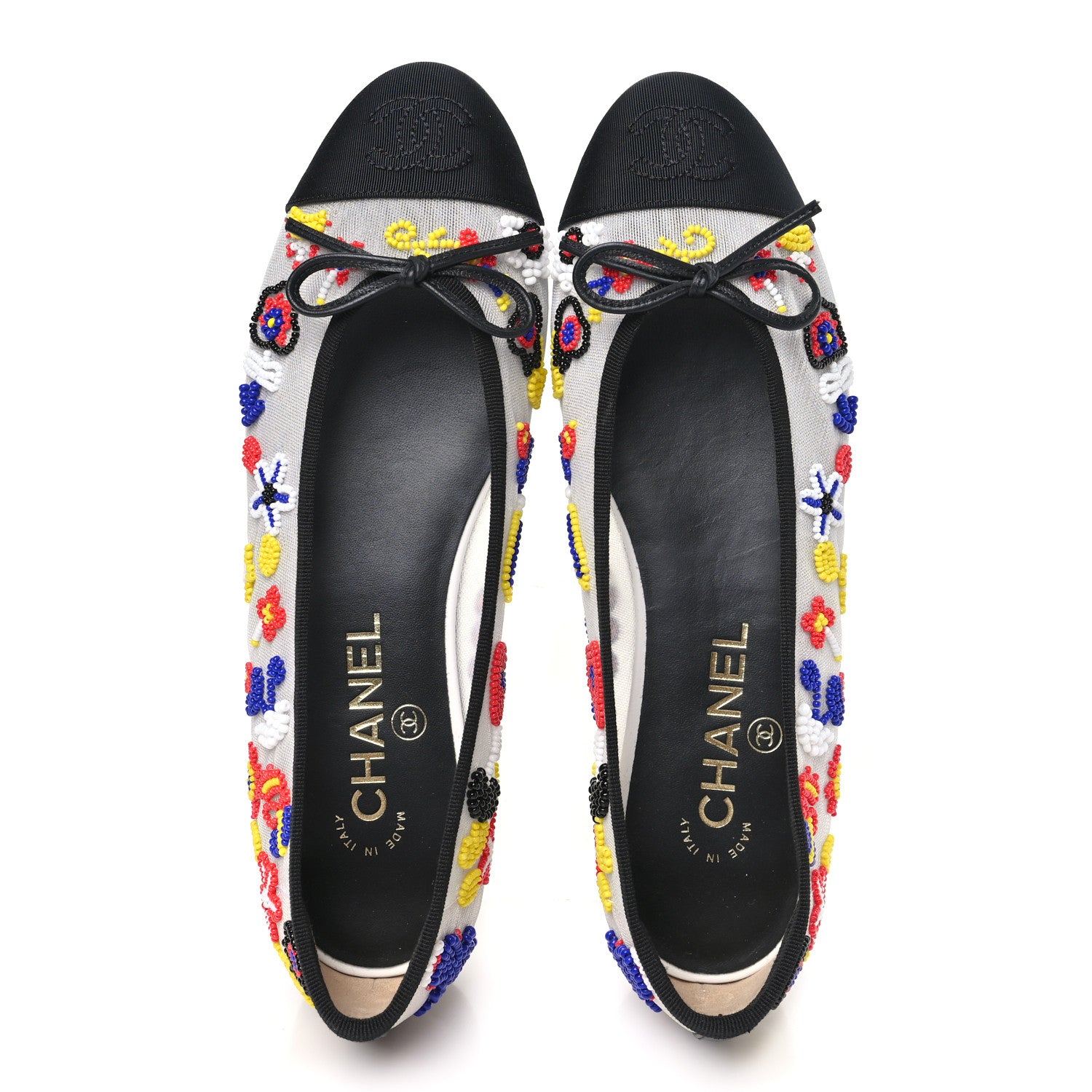 Chanel Mesh Pearl Grosgrain Cap Toe CC Coco Beach Ballerina Flats 37.5 Multicolor Black 2 of 10
