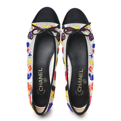Chanel Mesh Pearl Grosgrain Cap Toe CC Coco Beach Ballerina Flats 37.5 Multicolor Black 2 of 10